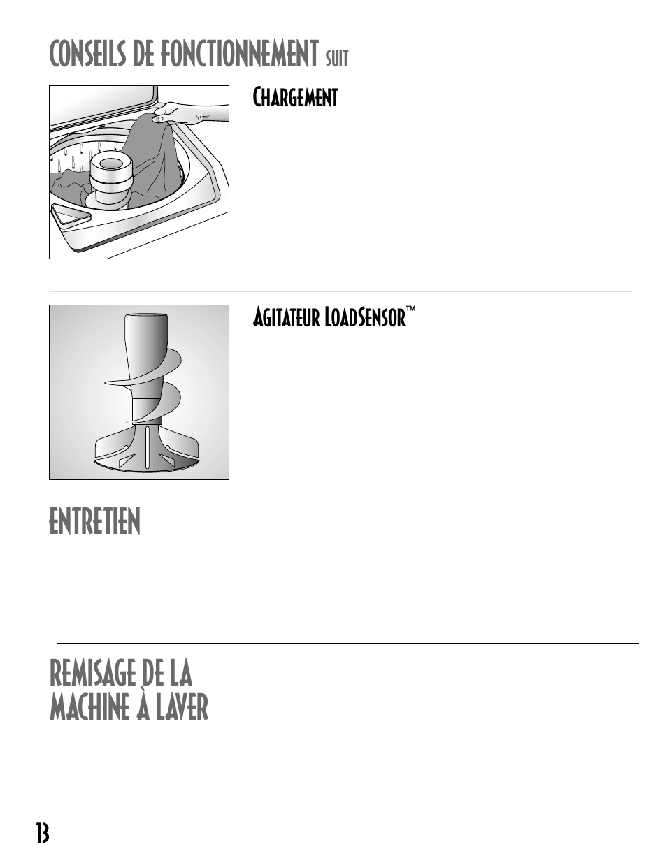 Conseils de fonctionnement, Entretien, Remisage de la machine à laver | Chargement, Agitateur loadsensor, Suit | Maytag MAV-18 User Manual | Page 14 / 25