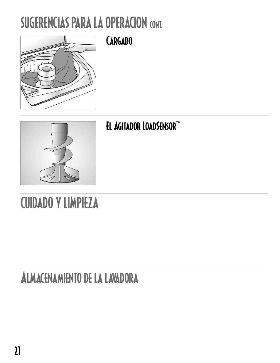 Sugerencias para la operacion, Cuidado y limpieza, Lmacenamiento de la lavadora | Cargado, El agitador loadsensor, Cont | Maytag MAV-18 User Manual | Page 22 / 25