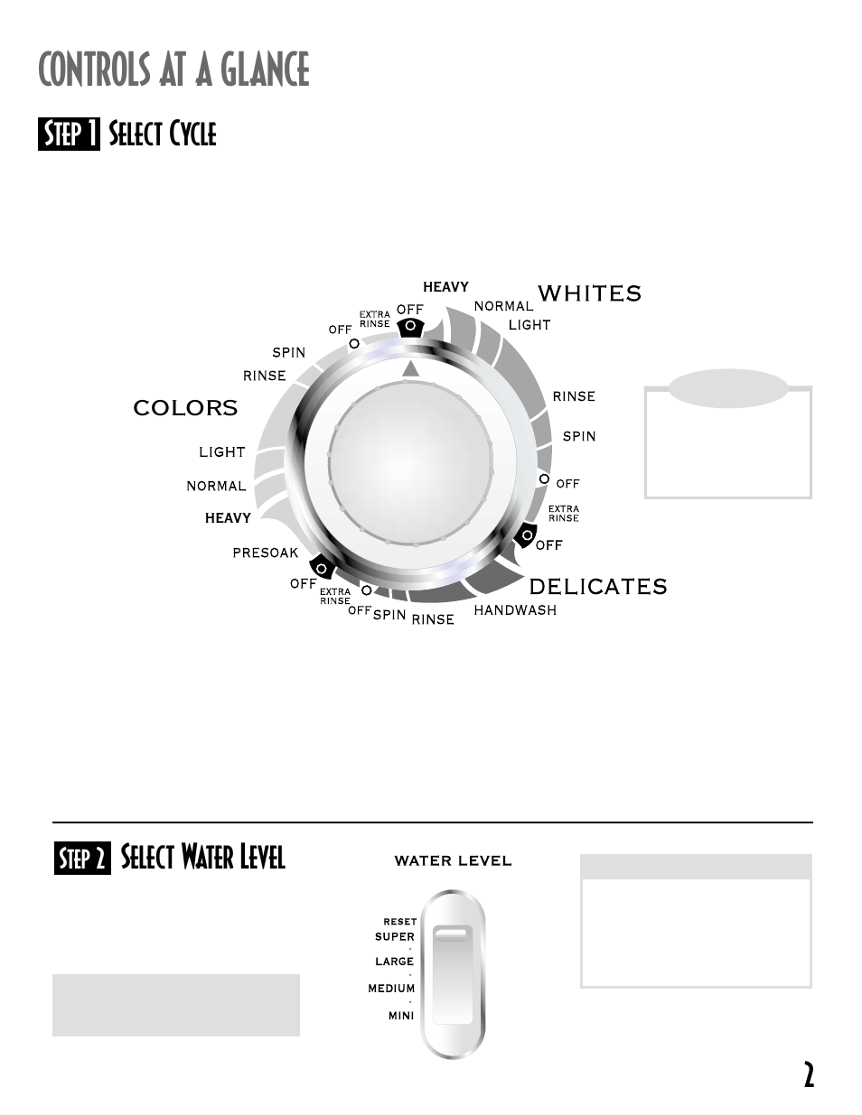 Controls at a glance, Step 1 select cycle, Select water level | Colors, Step 2 | Maytag MAV-18 User Manual | Page 3 / 25
