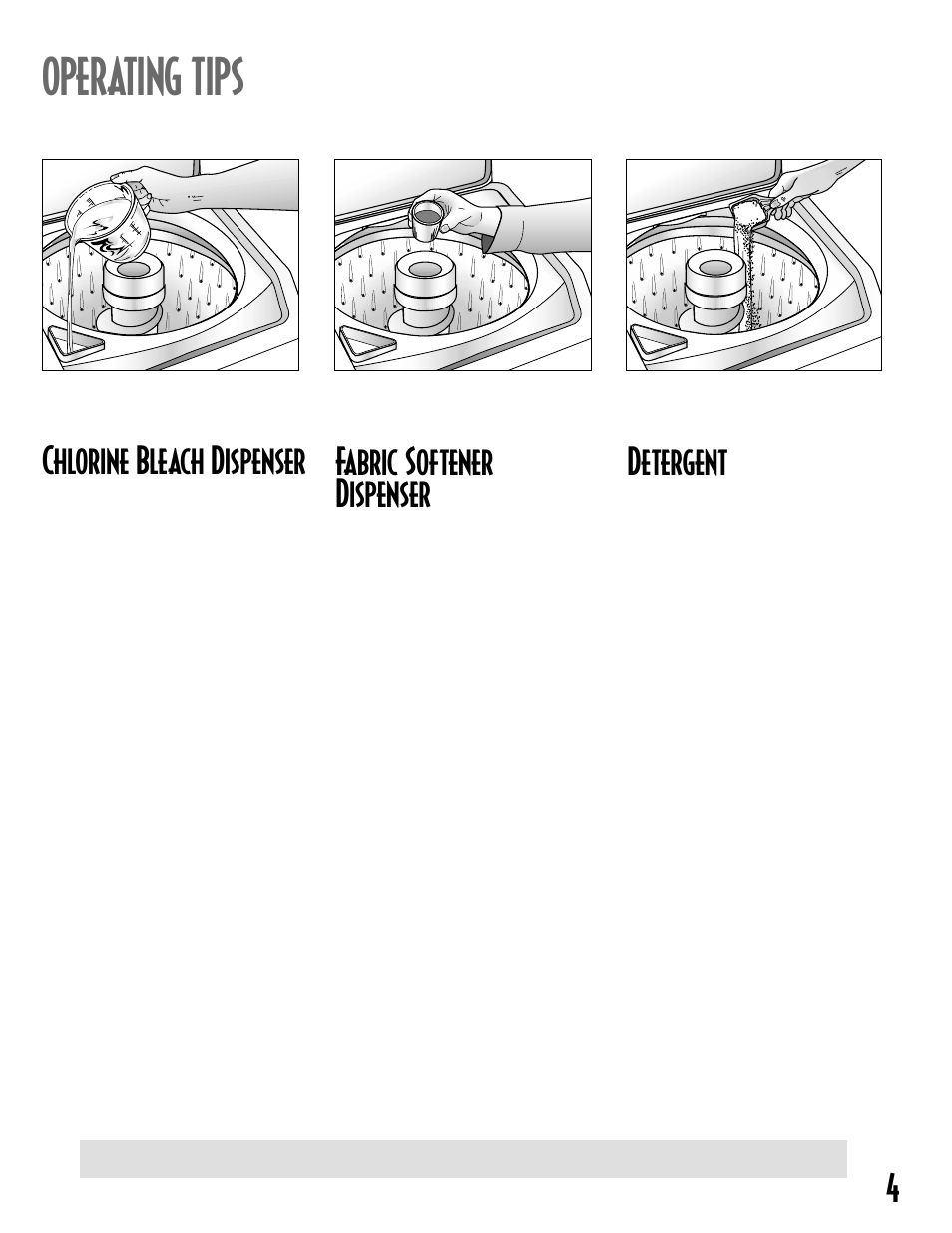 Operating tips, 4chlorine bleach dispenser, Fabric softener dispenser | Detergent | Maytag MAV-18 User Manual | Page 5 / 25