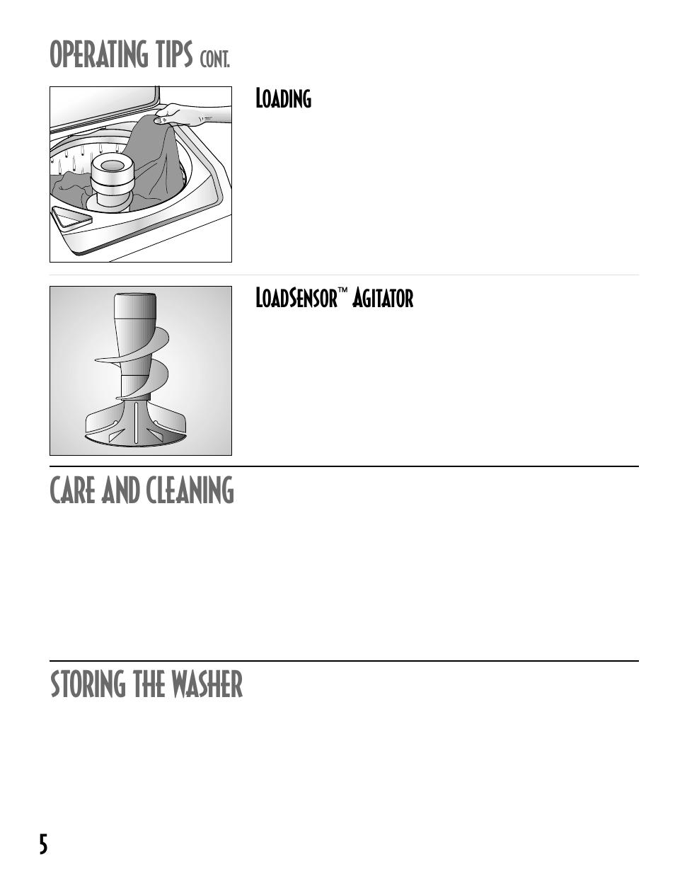 Operating tips, Care and cleaning storing the washer, Loading | Loadsensor, Agitator, Cont | Maytag MAV-18 User Manual | Page 6 / 25