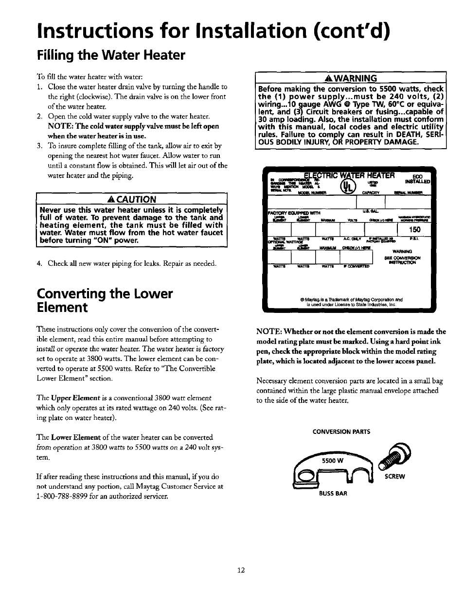 Instructions for installation (cont'd), Filling the water heater, A caution | Converting the lower element, Awarning, Removing the old water heater, Converting the lower element -14 | Maytag HE21250PC User Manual | Page 12 / 40