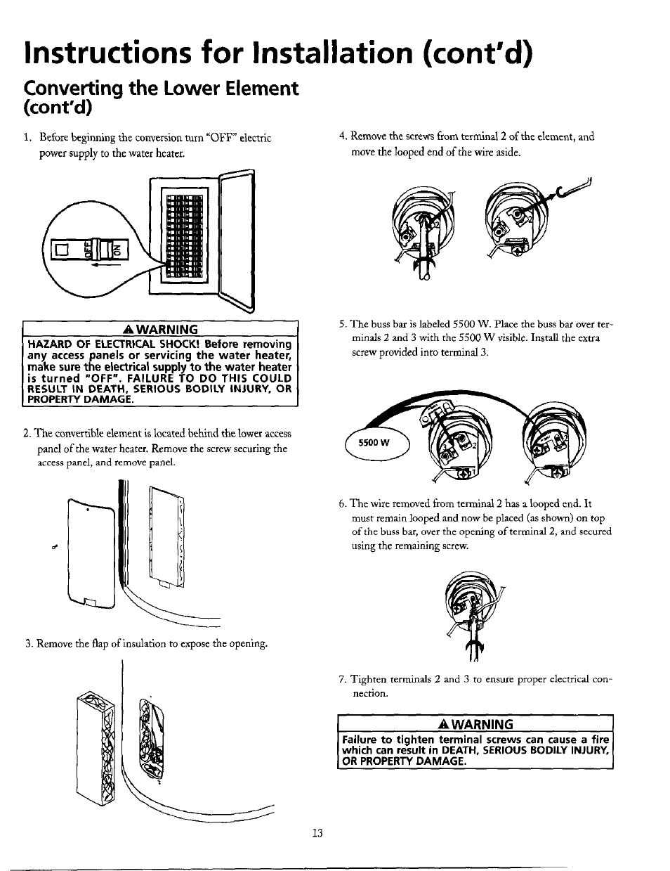 Converting the lower element (cont'd), A warning, Awarning | Instructions for installation (cont'd) | Maytag HE21250PC User Manual | Page 13 / 40
