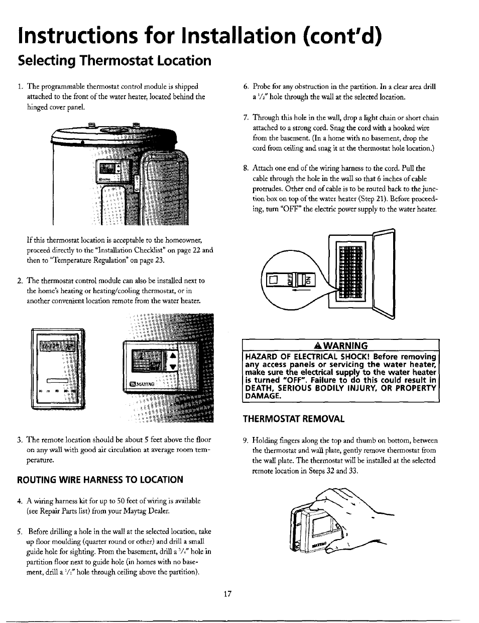 Instructions for installation (cont'd), Selecting thermostat location | Maytag HE21250PC User Manual | Page 17 / 40