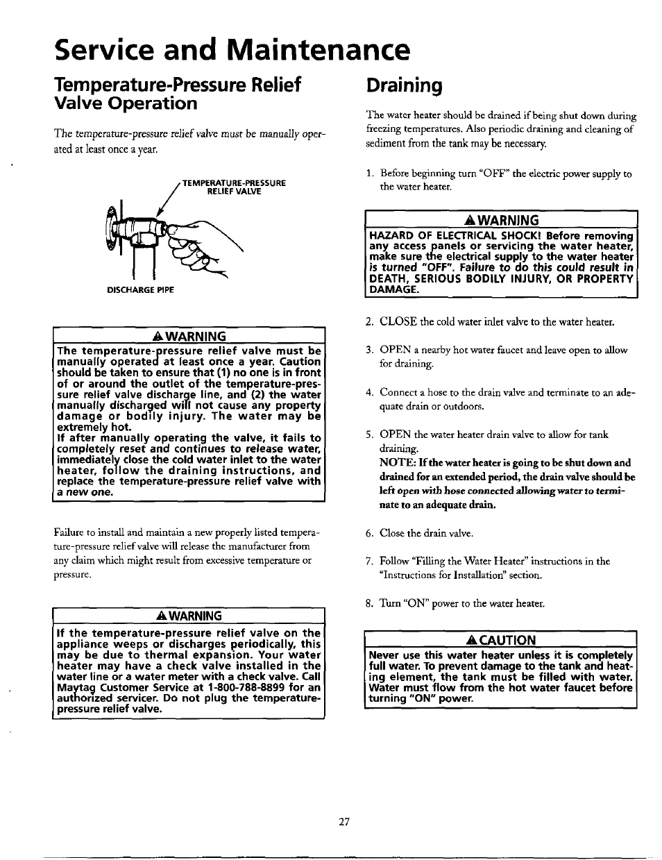 Temperature-pressure relief draining, A warning, A caution | Temperature-pressure relief valve operation, Service and maintenance | Maytag HE21250PC User Manual | Page 27 / 40