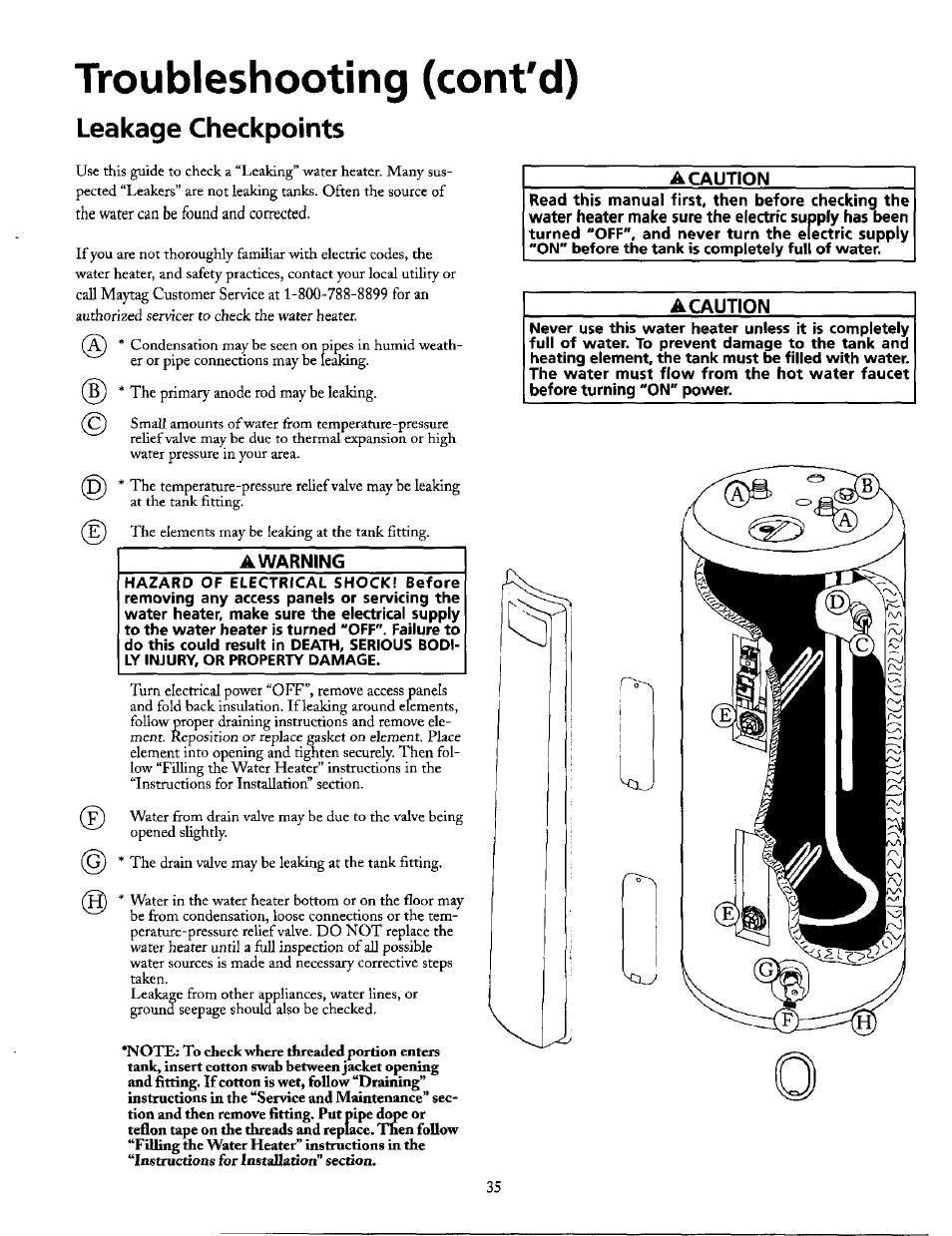 Troubleshooting (cont'd), Leakage checkpoints, A caution | A warning, Acaution | Maytag HE21250PC User Manual | Page 35 / 40