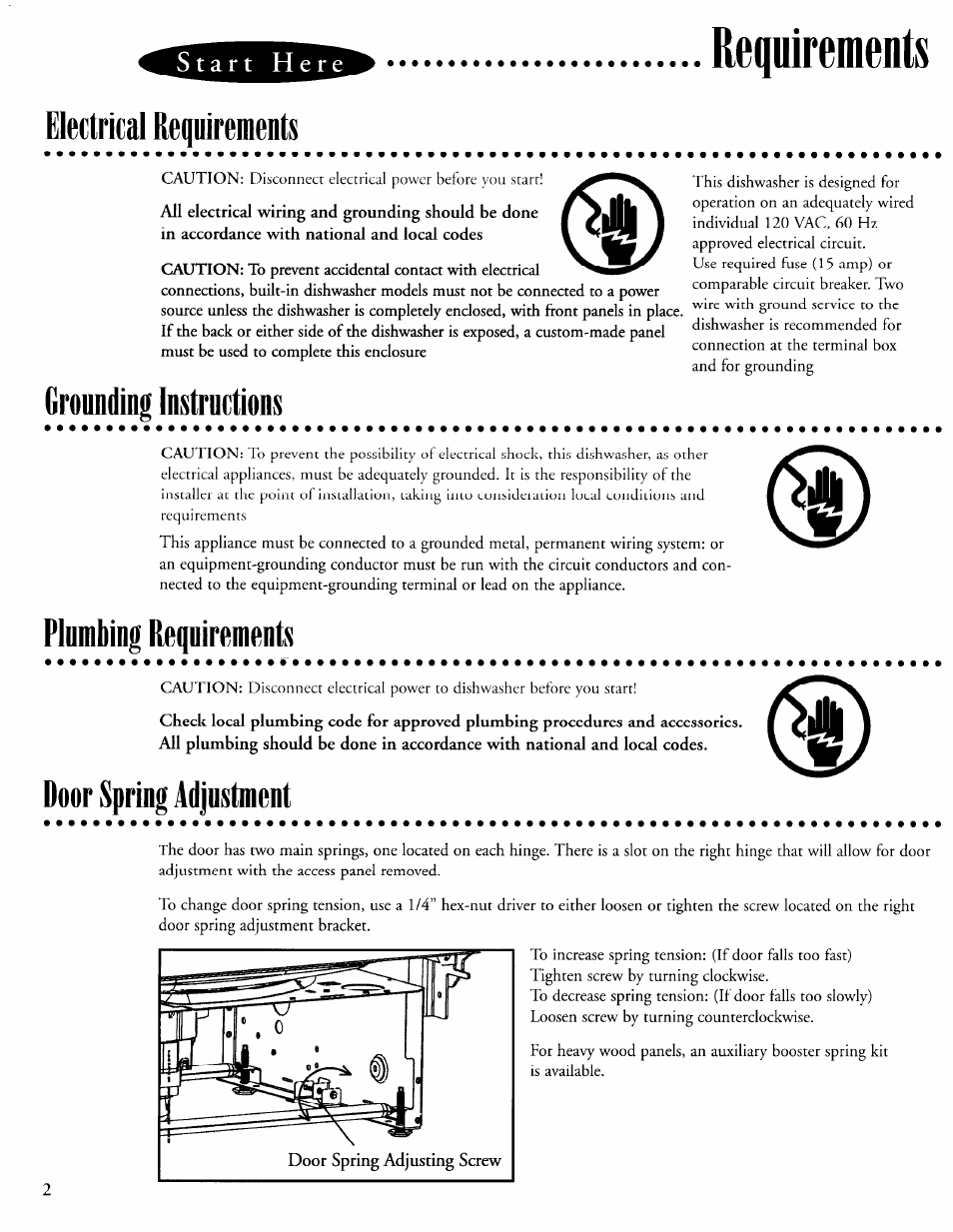 Electrical requirements, Grounding instructions, Plumbing requirements | Door spring adjustment, Requirements | Maytag 6 915513 A User Manual | Page 2 / 6