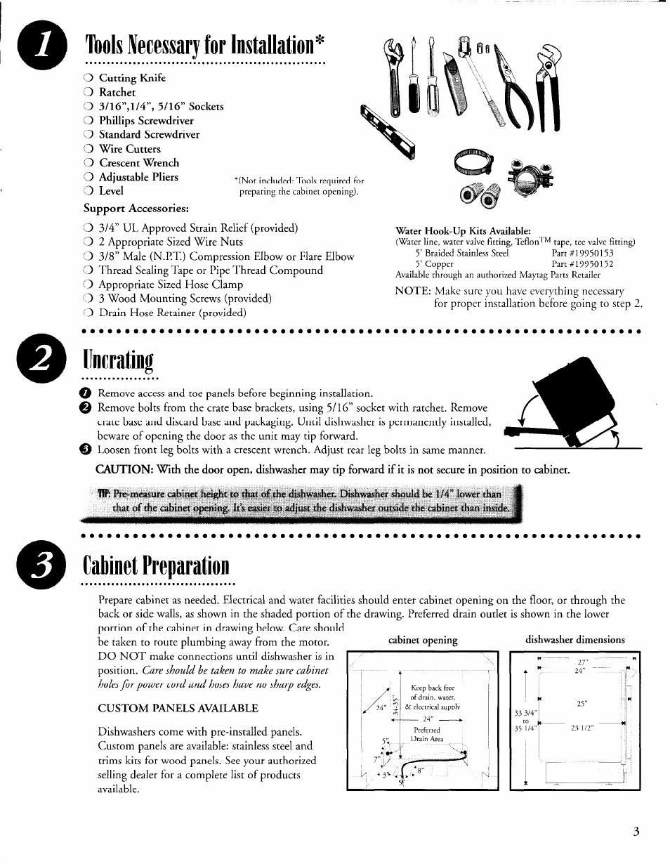 Tnols necessary for installation, O uncrating, Cabinet preparation | Uncrating | Maytag 6 915513 A User Manual | Page 3 / 6