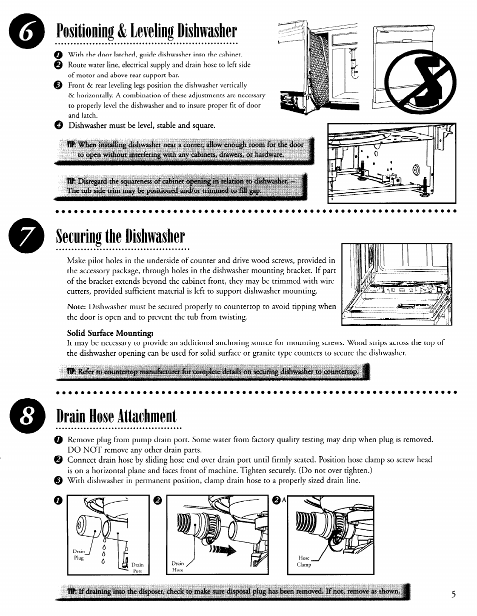 Securing the dishwasher, Drain hose attachment о e | Maytag 6 915513 A User Manual | Page 5 / 6