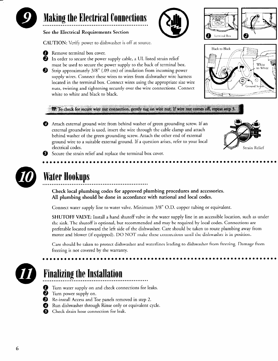 Making the electrical connections, Water hookups, Finalizing the installation | Maytag 6 915513 A User Manual | Page 6 / 6