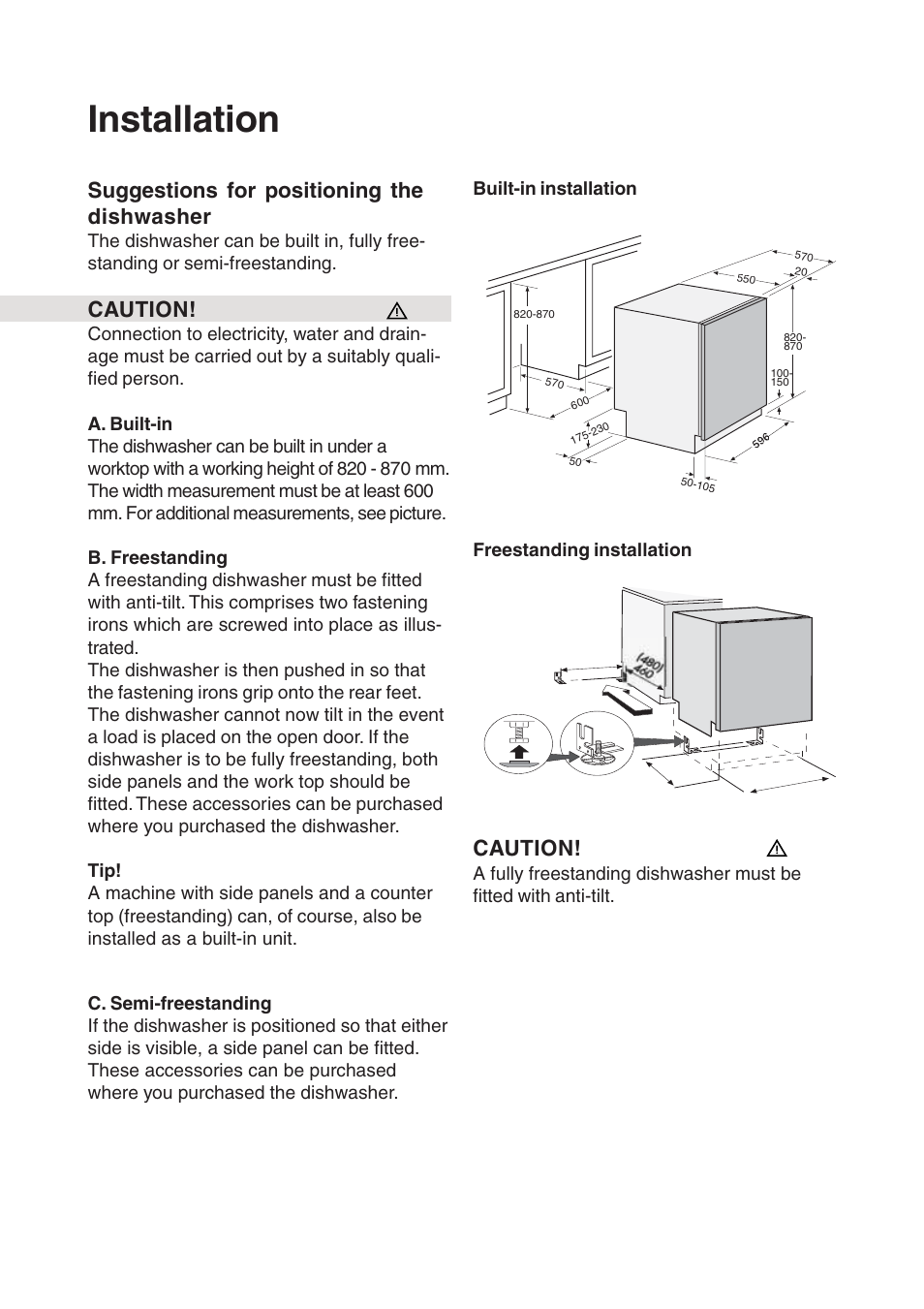 Installation, Suggestions for positioning the dishwasher, Caution | Maytag 661S/W User Manual | Page 28 / 36