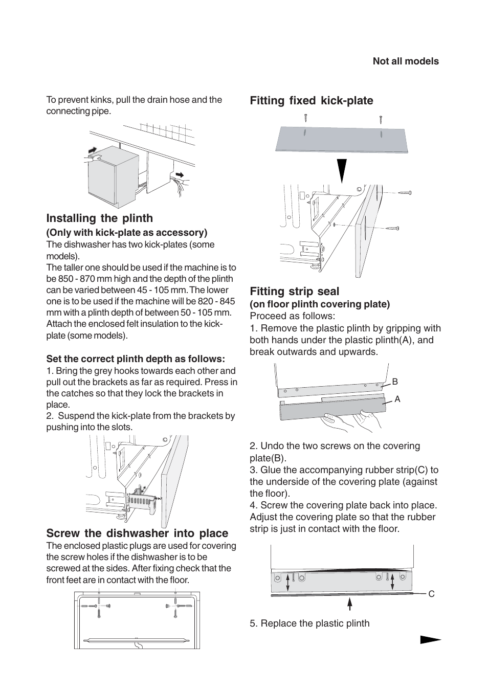 Fitting fixed kick-plate fitting strip seal, Installing the plinth, Screw the dishwasher into place | Maytag 661S/W User Manual | Page 31 / 36