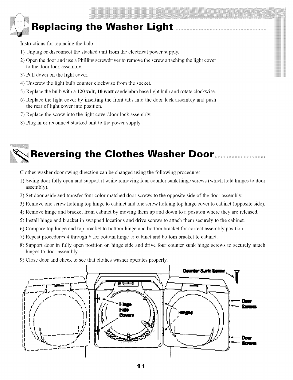 Replacing the washer light, Reversing the clothes washer door, Reversing the clothes | Washer door | Maytag SL-3 User Manual | Page 13 / 24