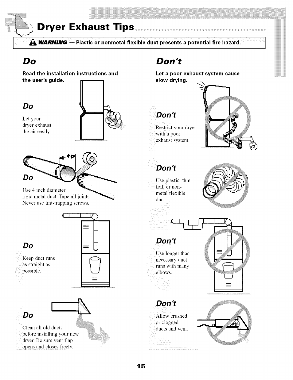 Dryer exhaust tips, Don't, Dryer exhaust tips a | Maytag SL-3 User Manual | Page 17 / 24