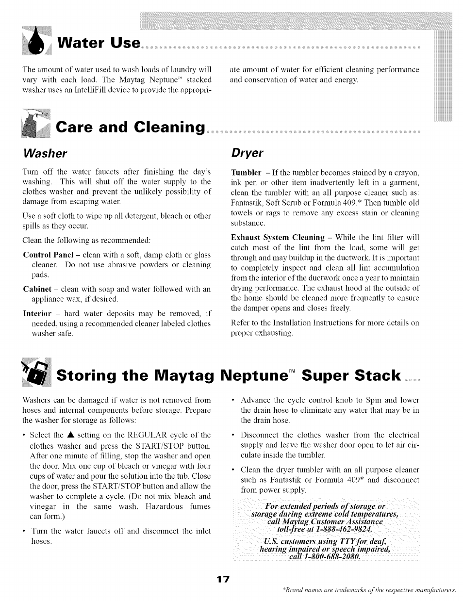 Water use, Care and cleaning, Washer | Dryer, Storing the maytag neptune" super stack | Maytag SL-3 User Manual | Page 19 / 24