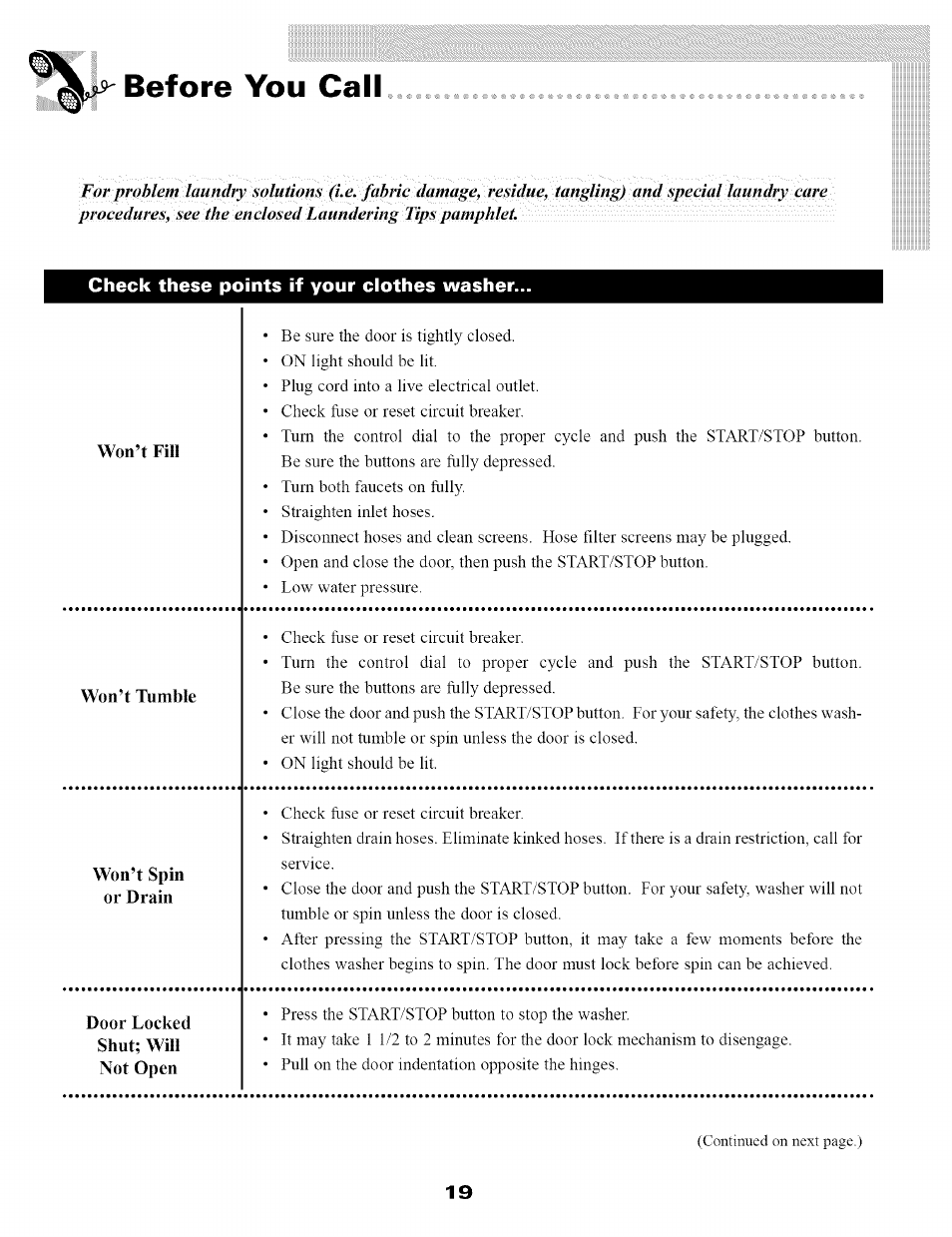 Before you call, Won’t fill, Won’t tumble | Won’t spin or drain, Door locked shut; will not open, Before you call -21 | Maytag SL-3 User Manual | Page 21 / 24