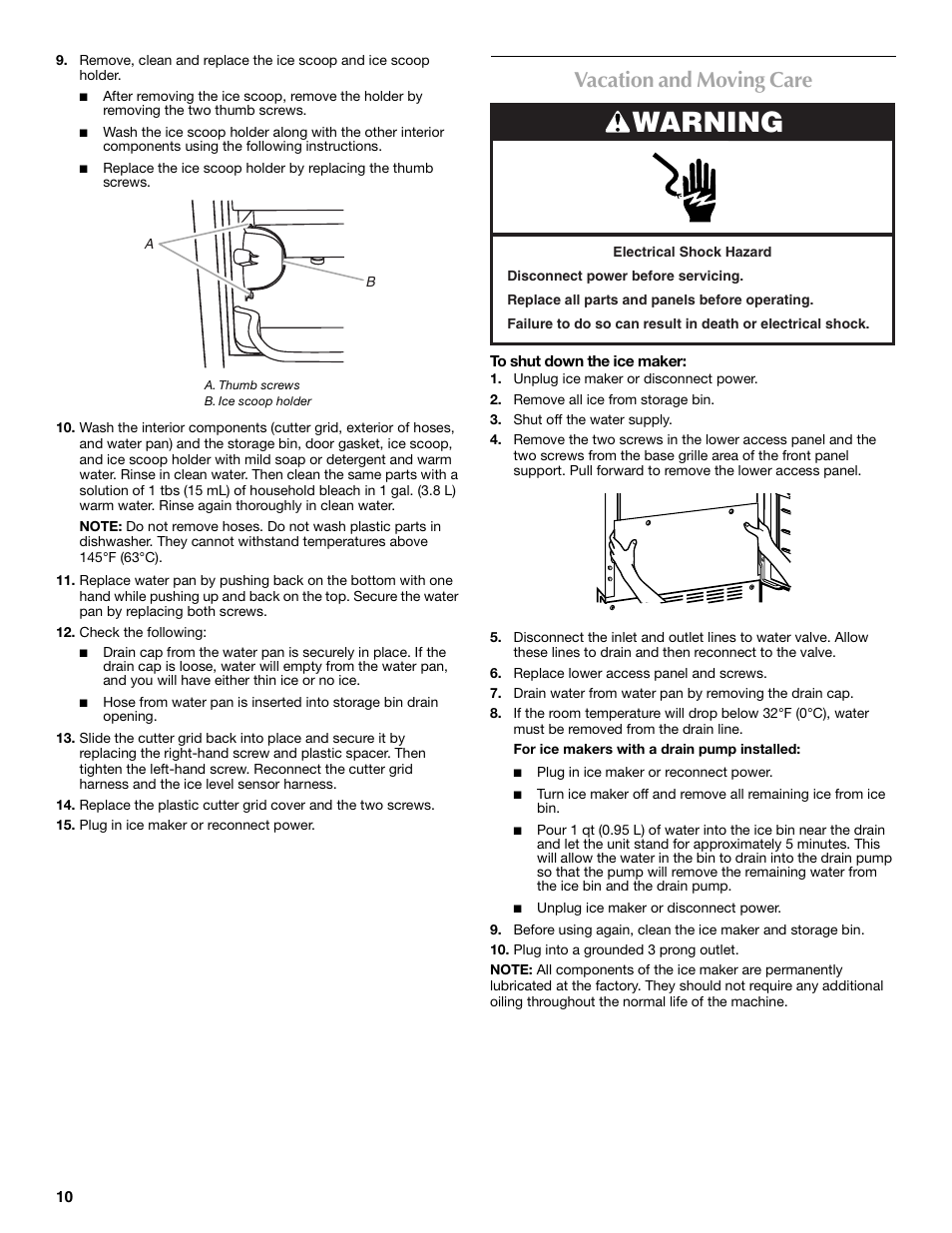 Warning, Vacation and moving care | Maytag W10206488A User Manual | Page 10 / 42