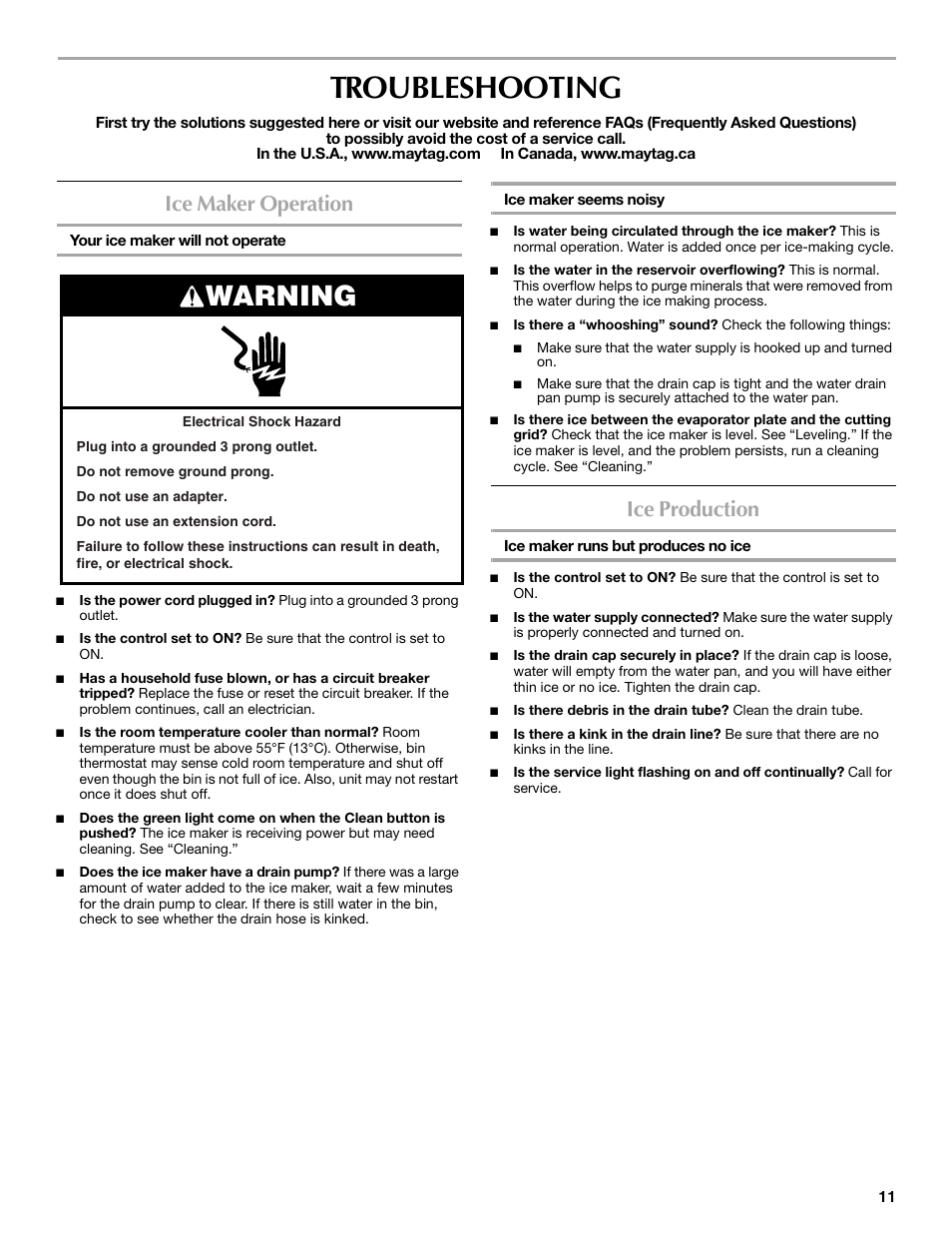 Troubleshooting, Warning, Ice maker operation | Ice production | Maytag W10206488A User Manual | Page 11 / 42