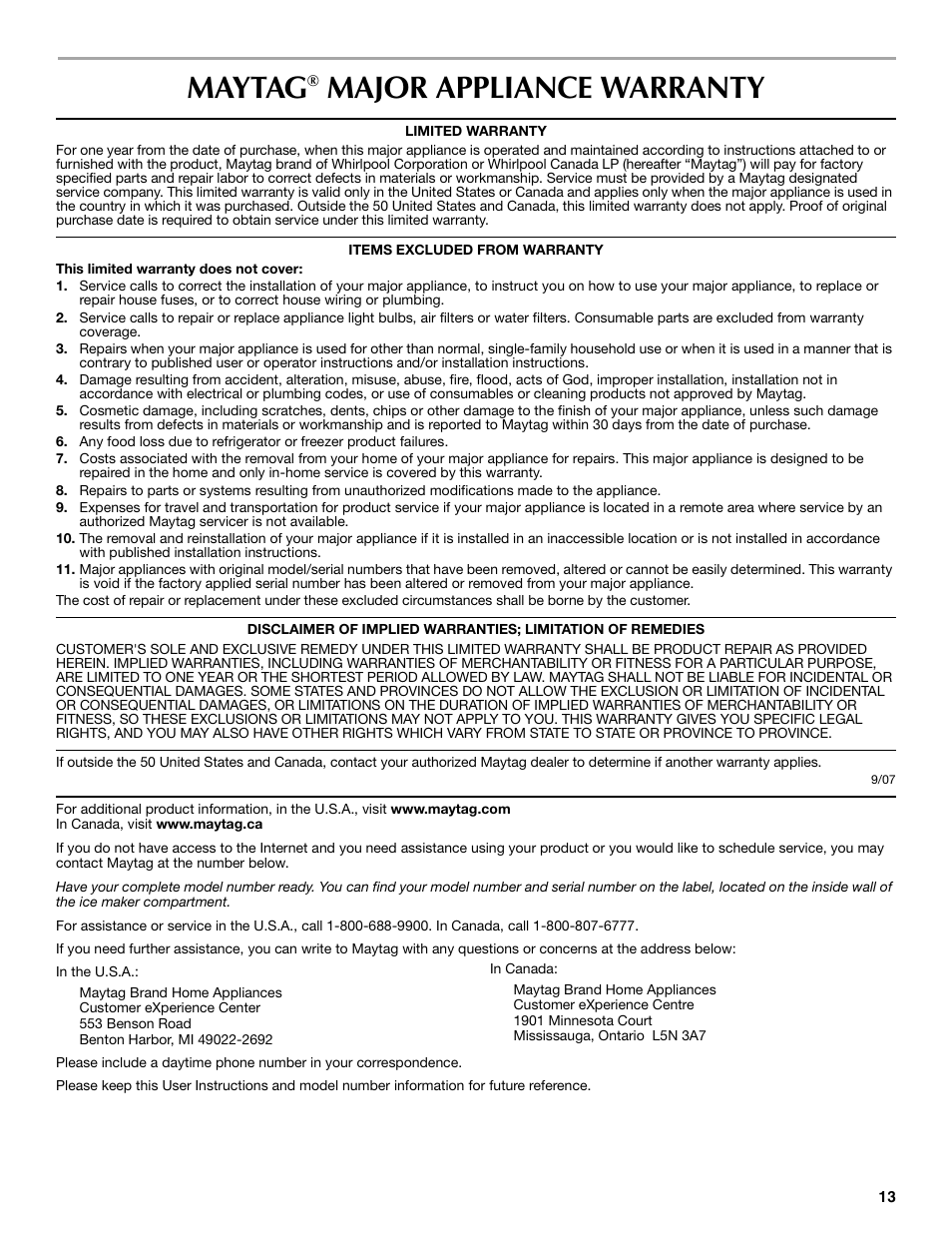 Maytag, Major appliance warranty | Maytag W10206488A User Manual | Page 13 / 42