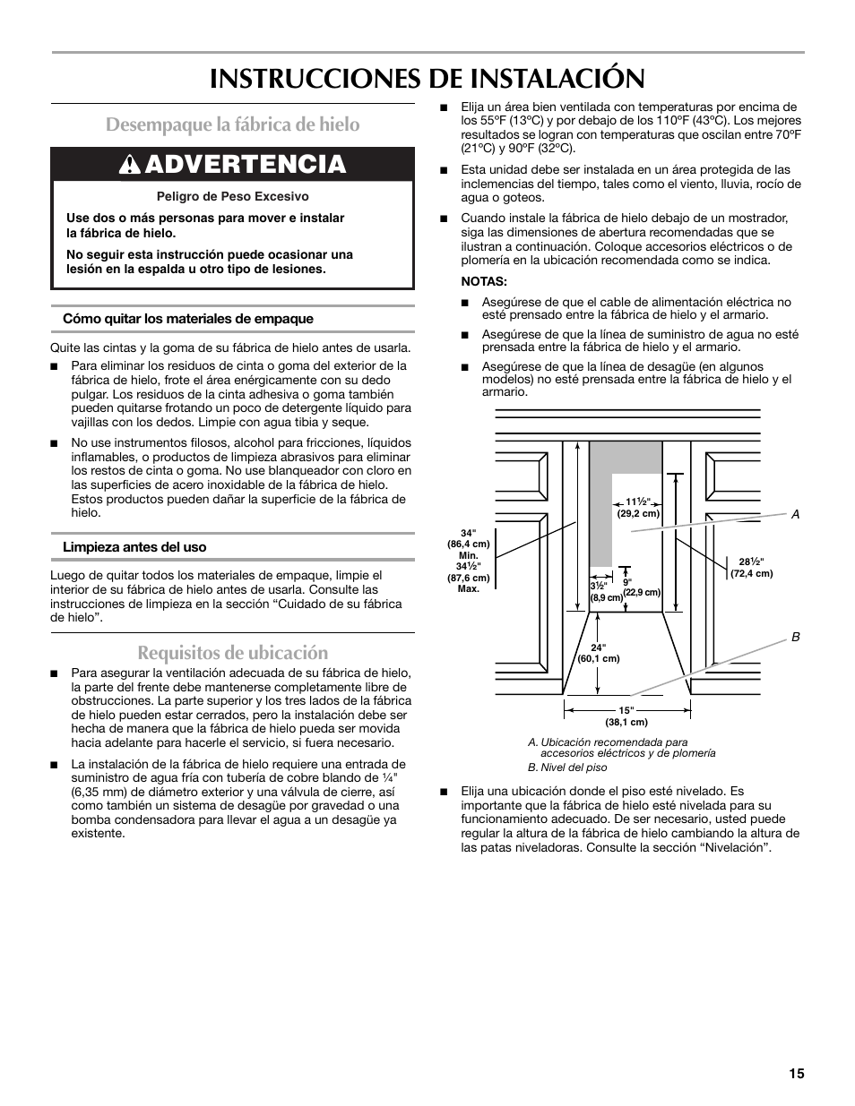 Instrucciones de instalación, Advertencia, Desempaque la fábrica de hielo | Requisitos de ubicación | Maytag W10206488A User Manual | Page 15 / 42