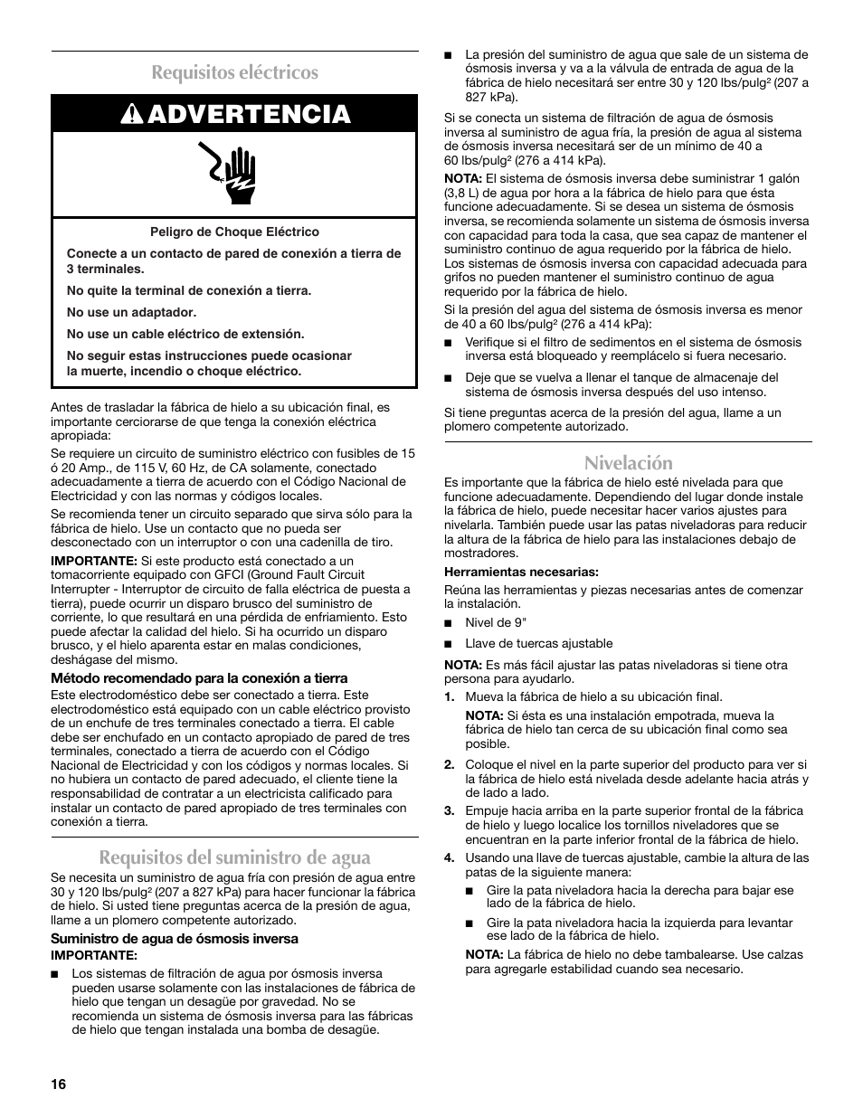 Advertencia, Requisitos eléctricos, Requisitos del suministro de agua | Nivelación | Maytag W10206488A User Manual | Page 16 / 42