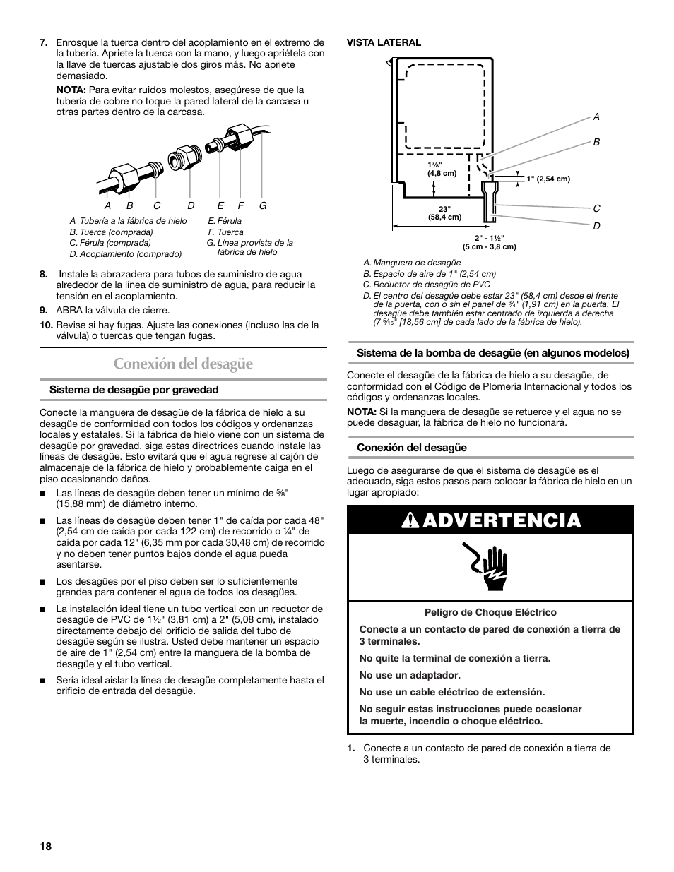 Advertencia, Conexión del desagüe | Maytag W10206488A User Manual | Page 18 / 42