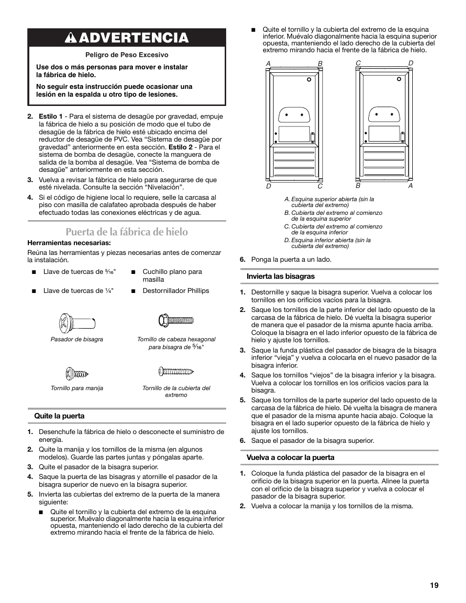 Advertencia, Puerta de la fábrica de hielo | Maytag W10206488A User Manual | Page 19 / 42