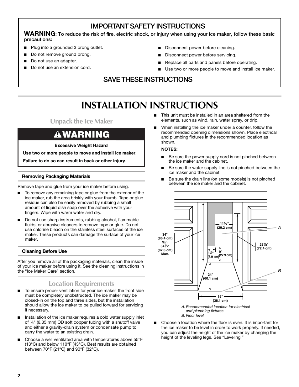 Installation instructions, Important safety instructions, Save these instructions | Unpack the ice maker, Location requirements, Warning | Maytag W10206488A User Manual | Page 2 / 42