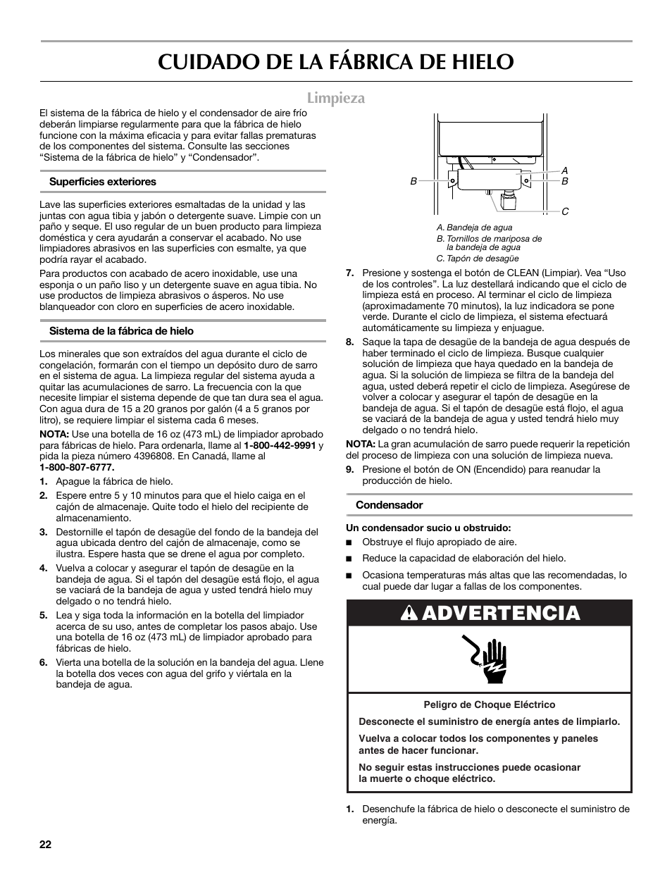 Cuidado de la fábrica de hielo, Advertencia, Limpieza | Maytag W10206488A User Manual | Page 22 / 42