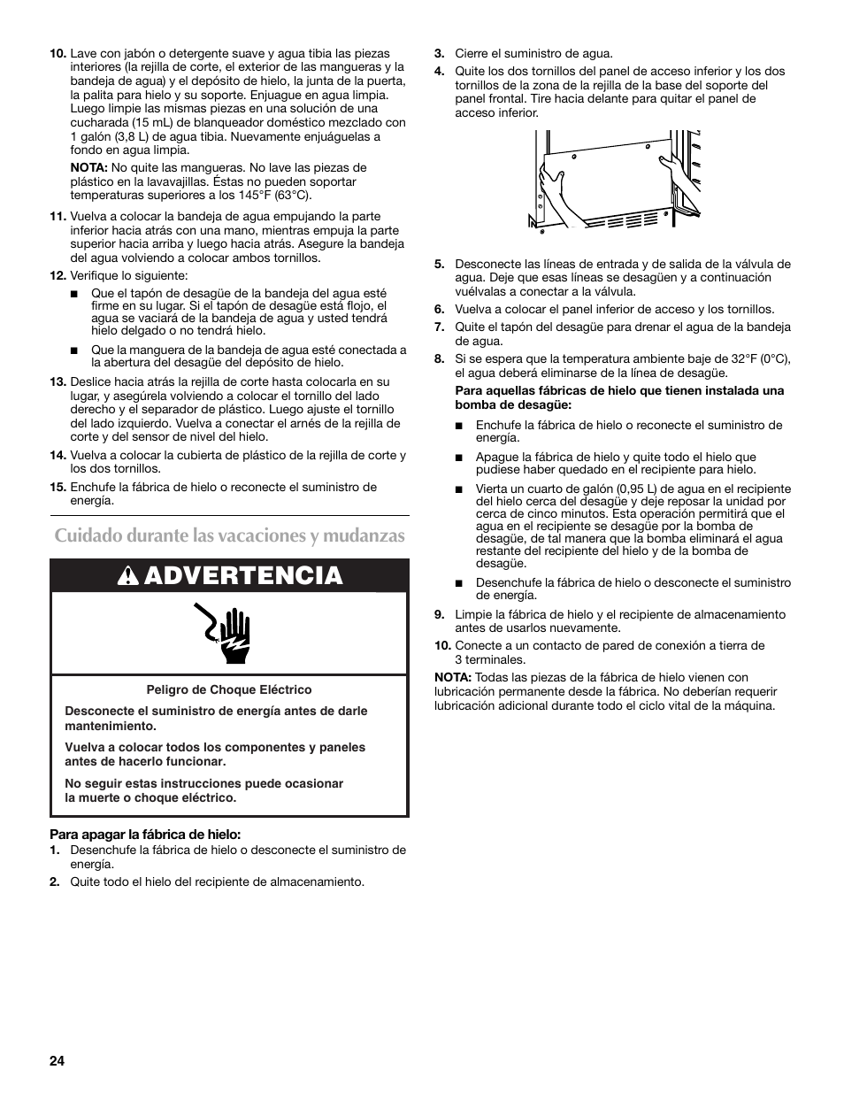 Advertencia, Cuidado durante las vacaciones y mudanzas | Maytag W10206488A User Manual | Page 24 / 42