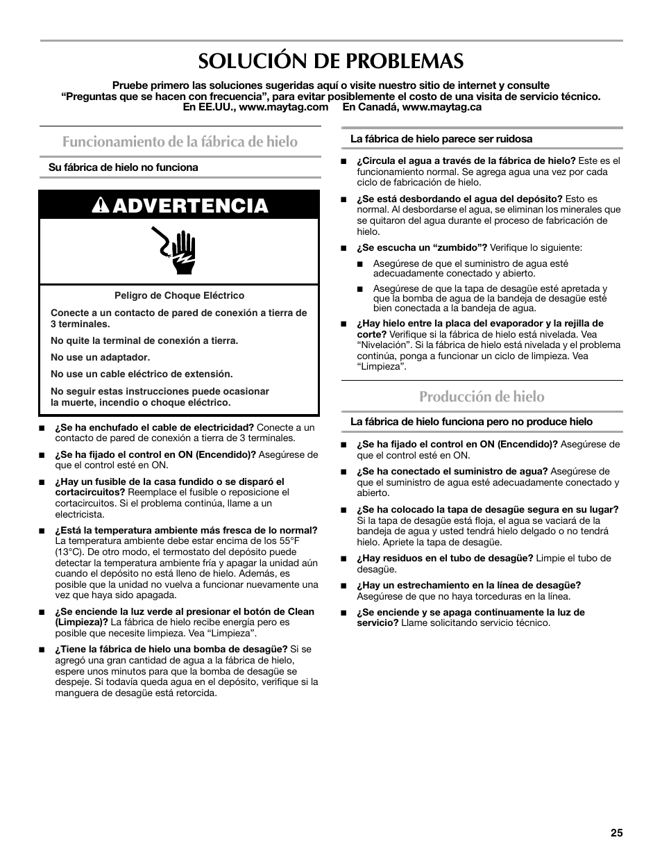 Solución de problemas, Advertencia, Funcionamiento de la fábrica de hielo | Producción de hielo | Maytag W10206488A User Manual | Page 25 / 42