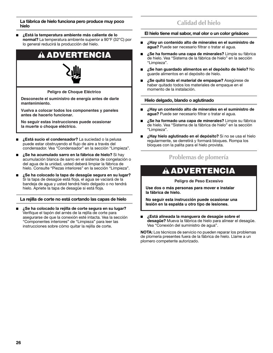 Advertencia, Calidad del hielo, Problemas de plomería | Maytag W10206488A User Manual | Page 26 / 42