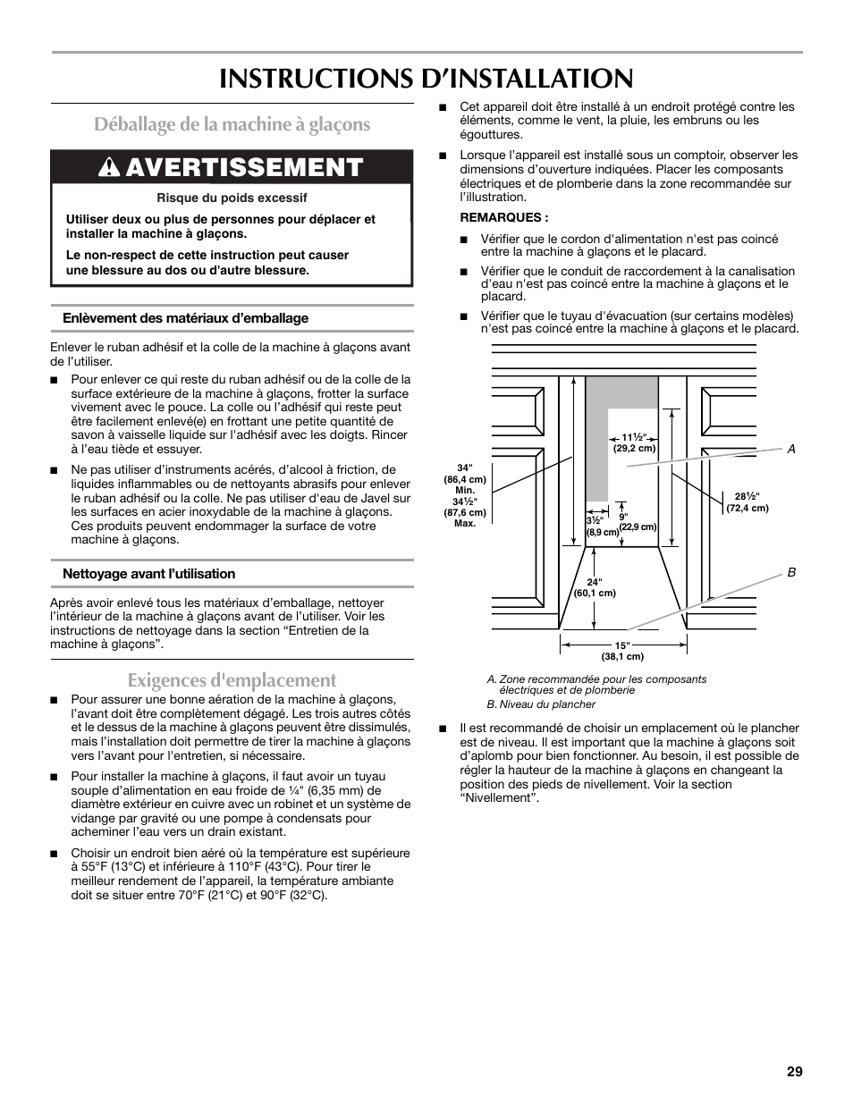 Instructions d’installation, Avertissement, Déballage de la machine à glaçons | Exigences d'emplacement | Maytag W10206488A User Manual | Page 29 / 42