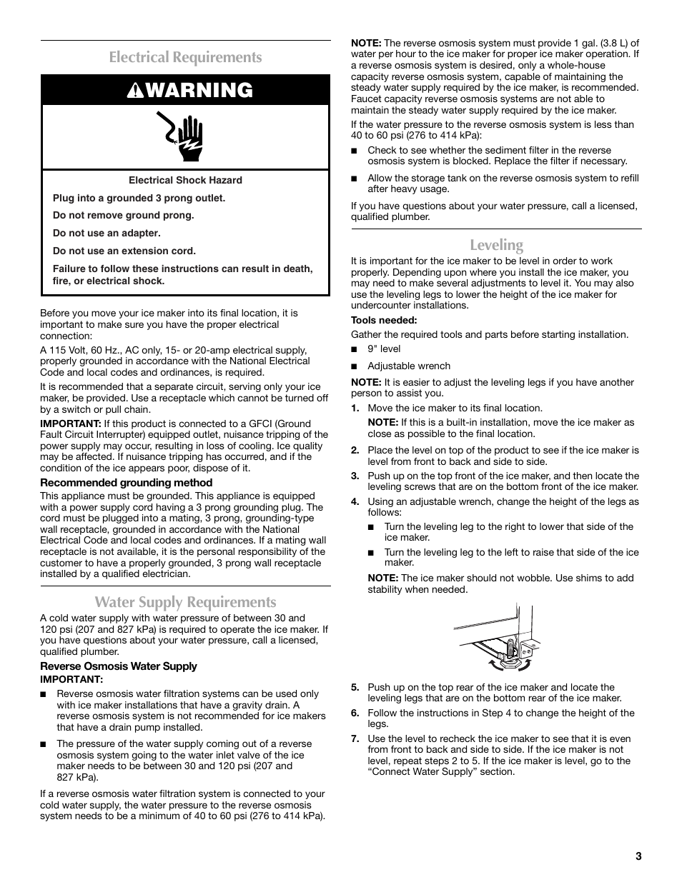 Warning, Electrical requirements, Water supply requirements | Leveling | Maytag W10206488A User Manual | Page 3 / 42