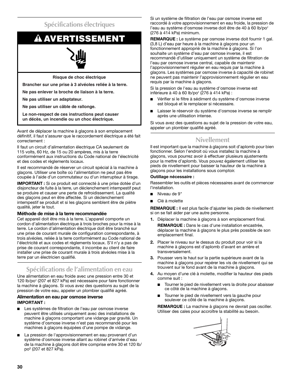 Avertissement, Spécifications électriques, Spécifications de l’alimentation en eau | Nivellement | Maytag W10206488A User Manual | Page 30 / 42