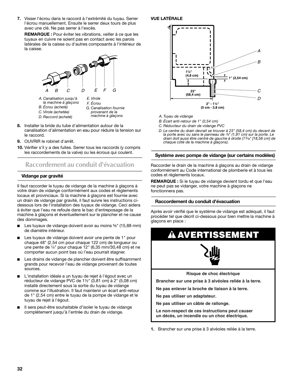 Avertissement, Raccordement au conduit d'évacuation | Maytag W10206488A User Manual | Page 32 / 42