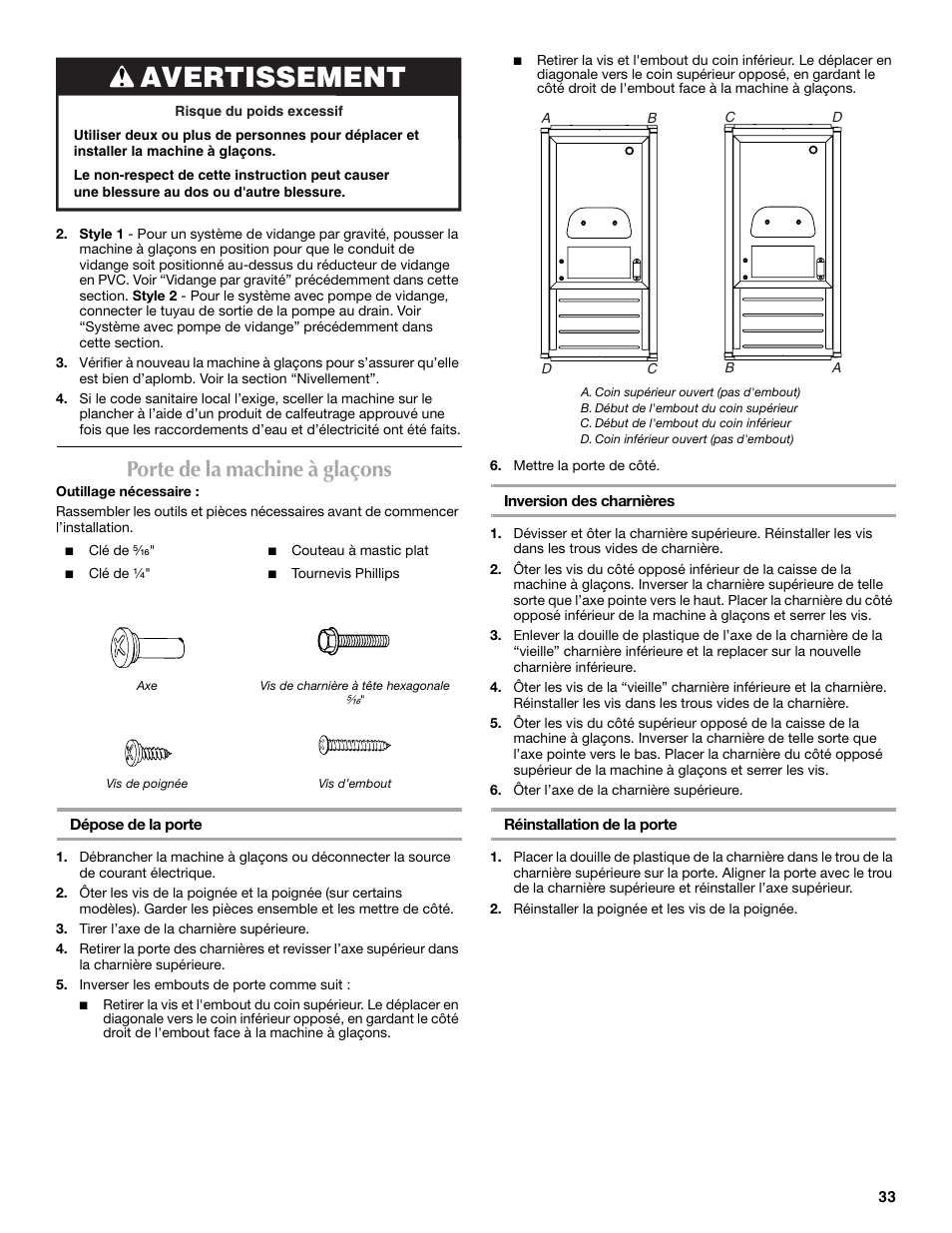 Avertissement, Porte de la machine à glaçons | Maytag W10206488A User Manual | Page 33 / 42