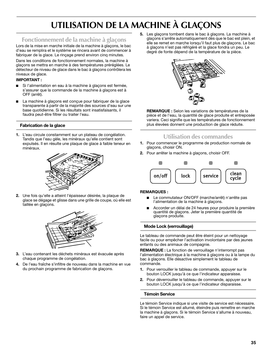 Utilisation de la machine à glaçons, Fonctionnement de la machine à glaçons, Utilisation des commandes | Maytag W10206488A User Manual | Page 35 / 42