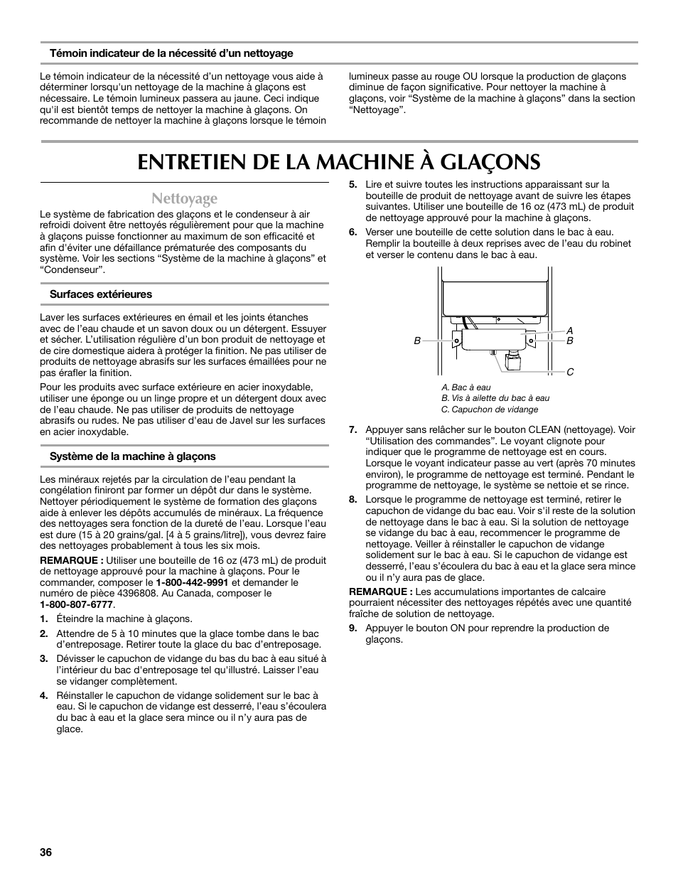 Entretien de la machine à glaçons, Nettoyage | Maytag W10206488A User Manual | Page 36 / 42