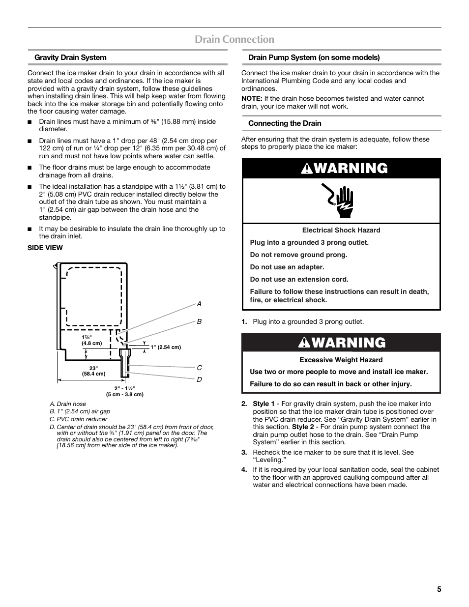 Warning, Drain connection | Maytag W10206488A User Manual | Page 5 / 42