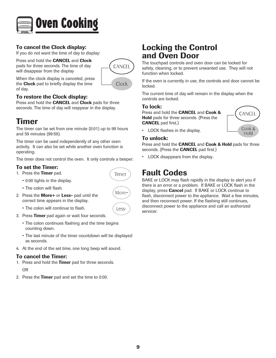 Oven cooking, Timer, Locking the control and oven door | Fault codes | Maytag MGR5775QDW User Manual | Page 10 / 84