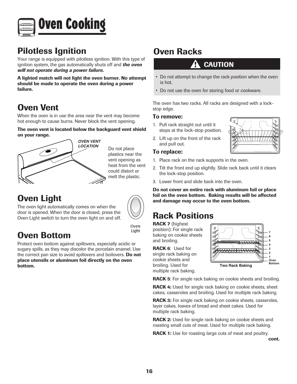 Oven cooking, Oven light, Oven bottom | Oven racks, Rack positions, Pilotless ignition, Oven vent, Caution | Maytag MGR5775QDW User Manual | Page 17 / 84