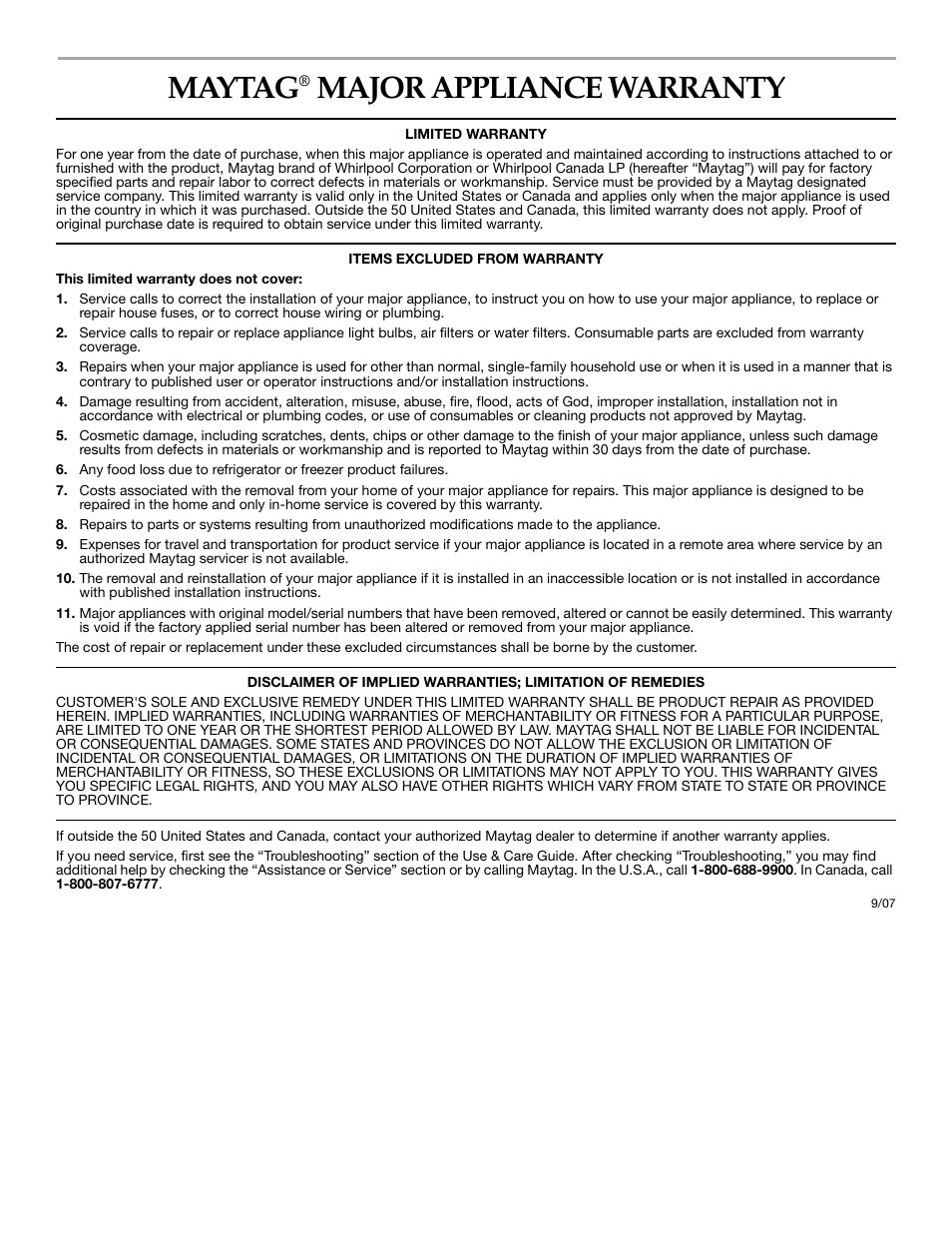 Maytag, Major appliance warranty | Maytag MGR5775QDW User Manual | Page 28 / 84
