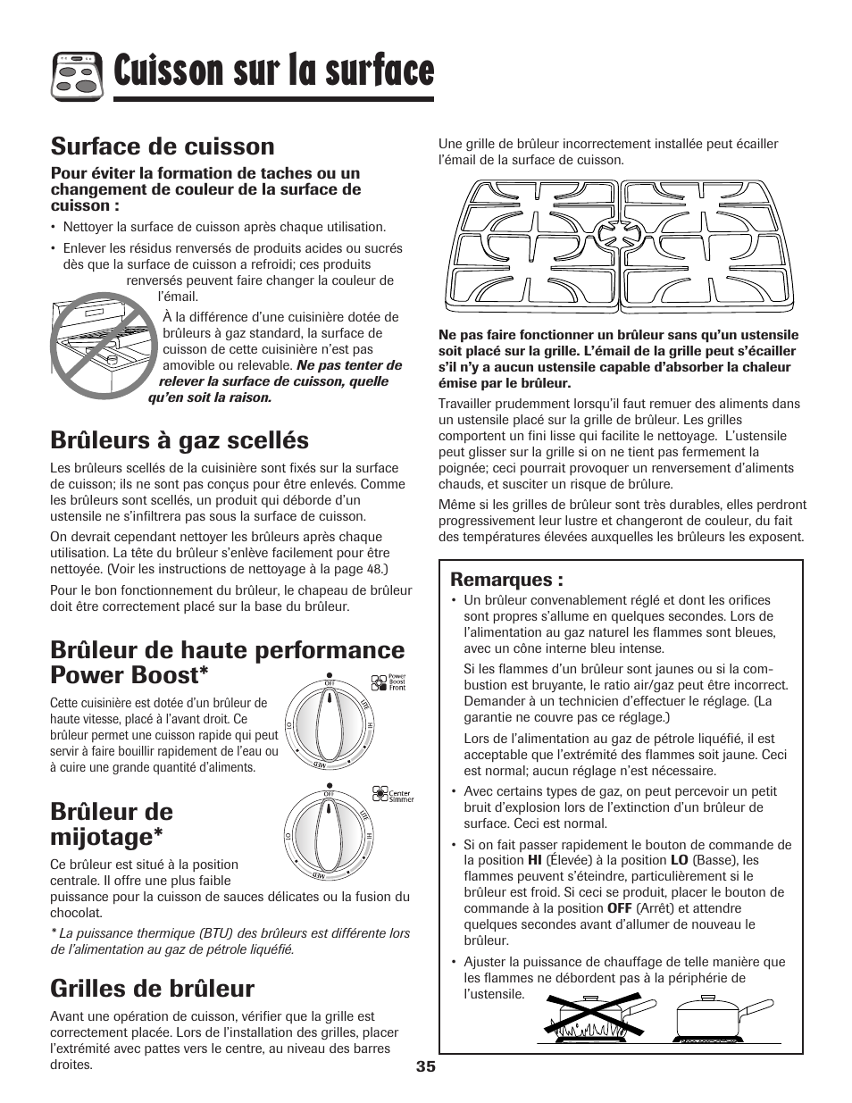 Cuisson sur la surface, Surface de cuisson, Grilles de brûleur | Brûleurs à gaz scellés, Brûleur de haute performance power boost, Brûleur de mijotage | Maytag MGR5775QDW User Manual | Page 36 / 84