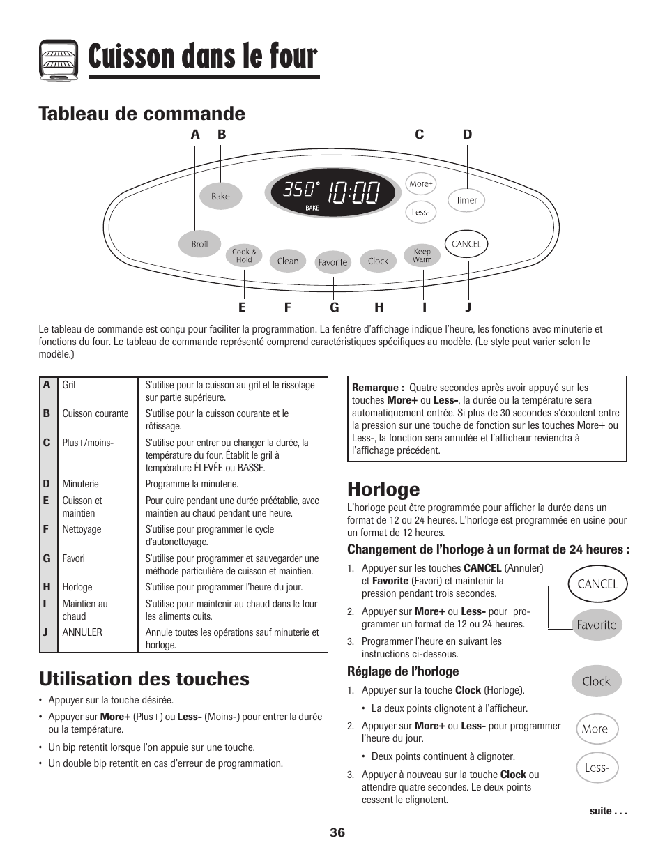 Cuisson dans le four, Tableau de commande, Utilisation des touches | Horloge | Maytag MGR5775QDW User Manual | Page 37 / 84