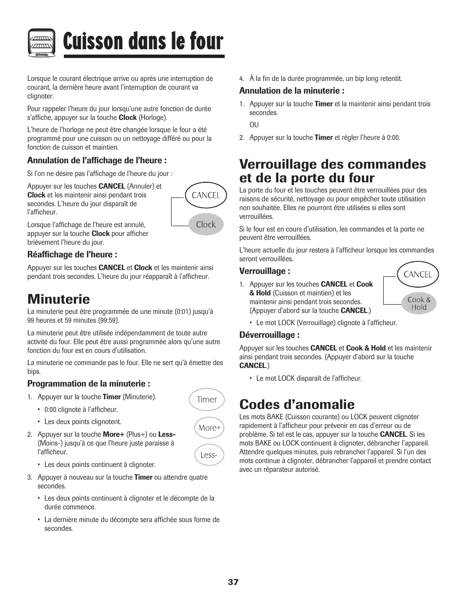 Cuisson dans le four, Minuterie, Verrouillage des commandes et de la porte du four | Codes d’anomalie | Maytag MGR5775QDW User Manual | Page 38 / 84