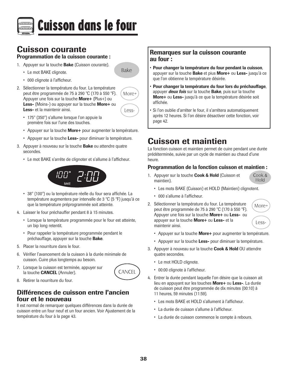 Cuisson dans le four, Cuisson courante, Cuisson et maintien | Remarques sur la cuisson courante au four | Maytag MGR5775QDW User Manual | Page 39 / 84