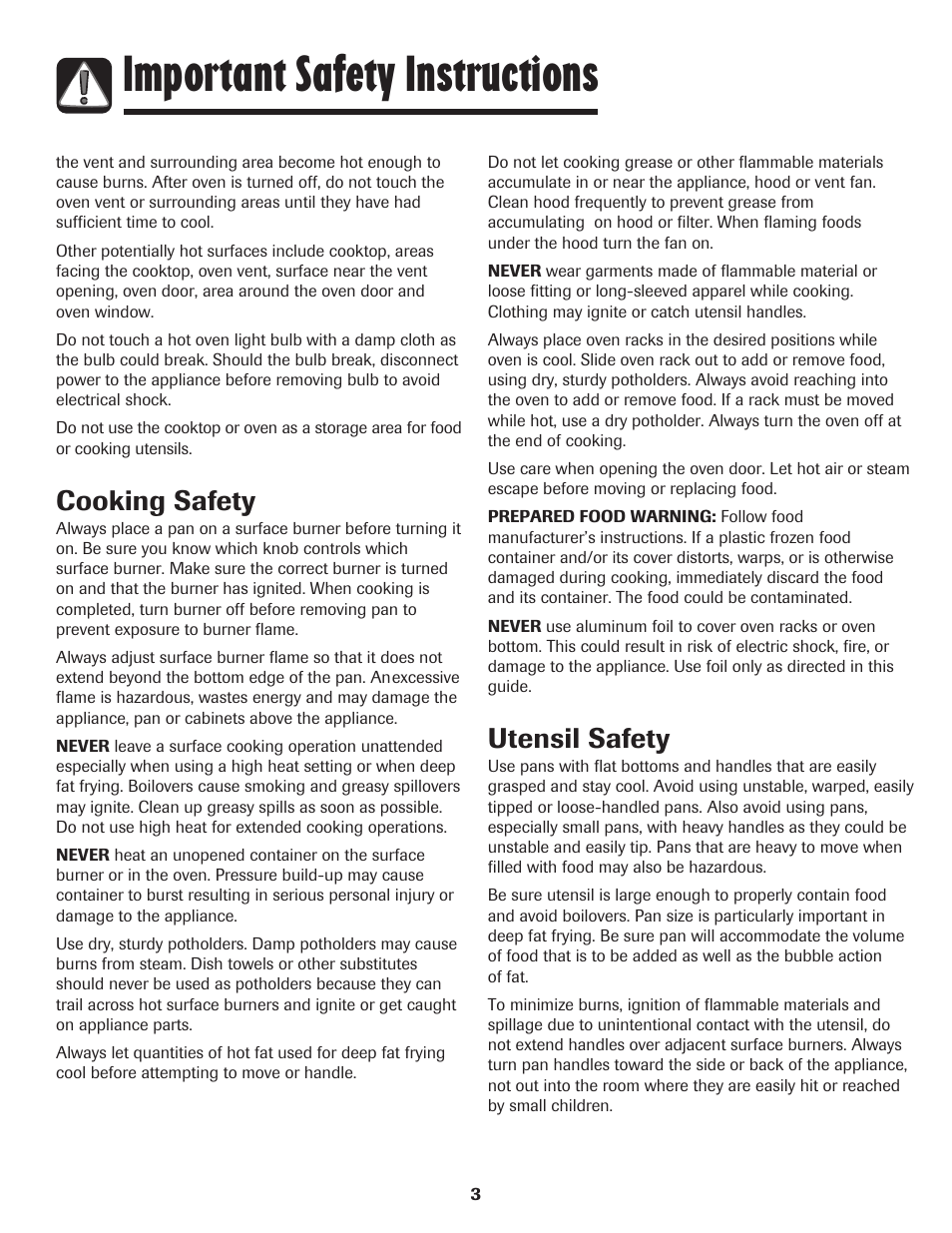 Important safety instructions, Cooking safety, Utensil safety | Maytag MGR5775QDW User Manual | Page 4 / 84