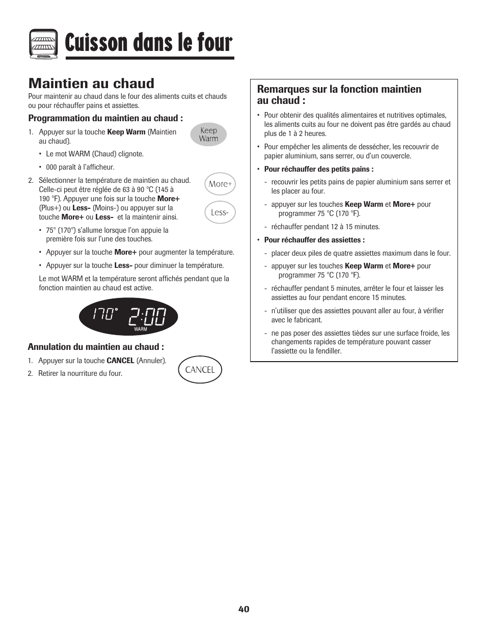 Cuisson dans le four, Maintien au chaud, Remarques sur la fonction maintien au chaud | Maytag MGR5775QDW User Manual | Page 41 / 84