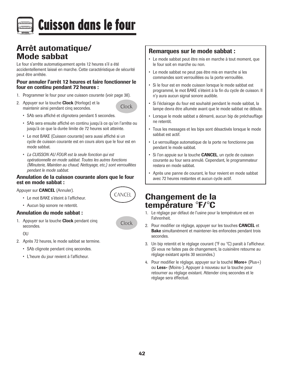 Cuisson dans le four, Arrêt automatique/ mode sabbat, Changement de la température | Remarques sur le mode sabbat | Maytag MGR5775QDW User Manual | Page 43 / 84